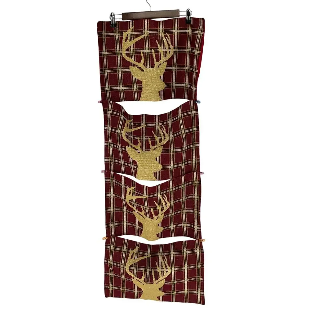 Set of 4 Holiday Christmas Placemats Red Gold Tartan Plaid Deer Stag Head Festiv